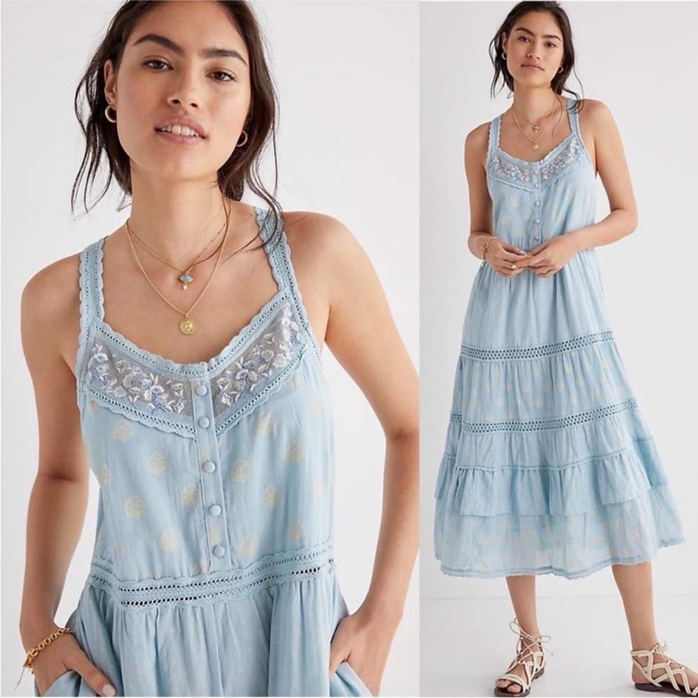 Anthropologie Sky Blue Embroidered Midi Dress